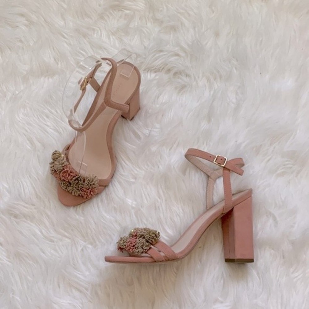 Loeffler Randal Layla Blush Pink Suede Block Heel Ankle Strap Pom Sandals Sz 6.5